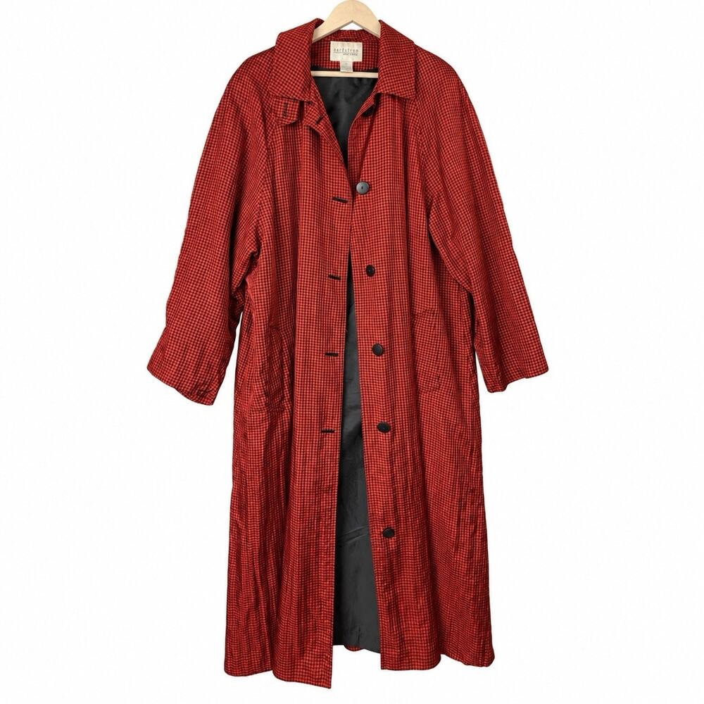 Vintage 70s Nordstrom Town Square Red Black Check Maxi Raincoat Duster Womens 16